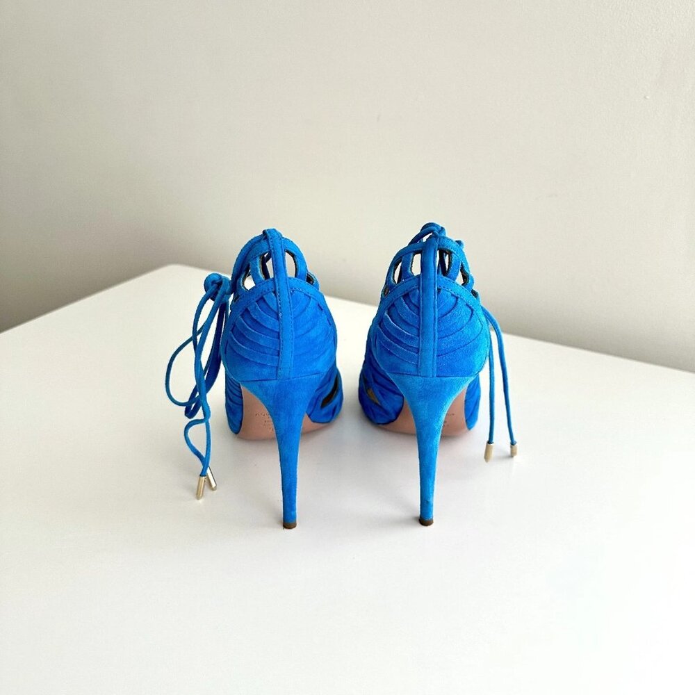 AQUAZZURA Blue Suede Scalloped Cutout Ankle Wrap Sandals Heels Size 38.5 - Picture 8 of 11